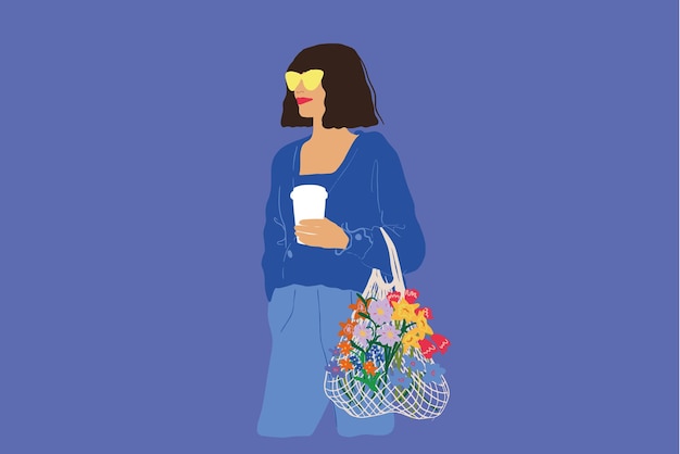 Vektorillustration einer stilvollen frau mit blumen im hintergrund