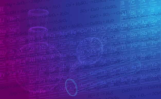 Vektorillustration einer Tabelle mit Formeln für chemische Elemente und chemischen Glaswaren