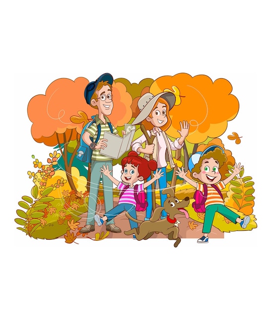 Vektorillustration einer vierköpfigen Familie und eines Hundespaziergangs im Herbst