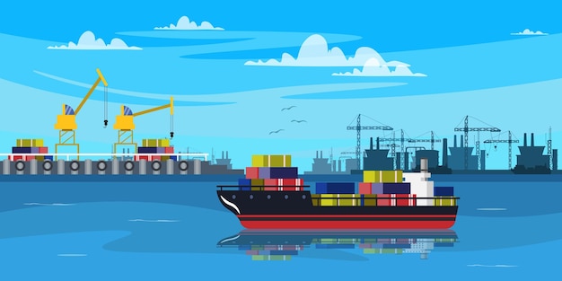 Vektorillustration einer wunderschönen Landschaft mit einem Frachtschiff in einem Seehafen Zeichentrickfilmscene mit Frachtschiffe mit Silhouetten von hebenden Kränen, entladenem Fracht, blauen Himmelswolken und Vögeln
