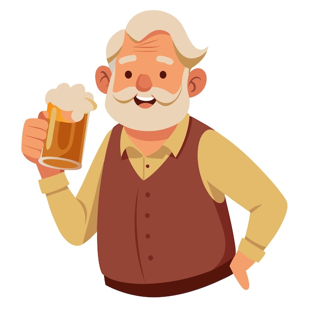 Vektorillustration eines älteren Mannes, der einen Bierbecher mit einem Lächeln genießt