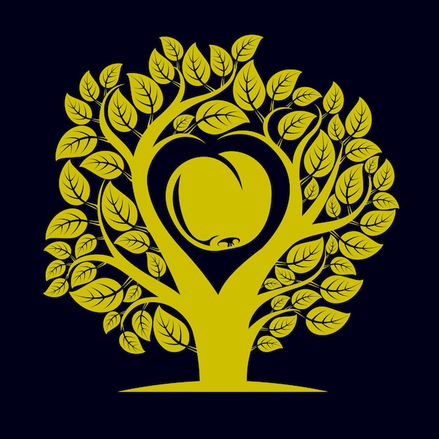 Vektorillustration eines Baums mit Zweigen in Form eines Herzens mit einem Apfel im Inneren, Liebe und Mutterschaftsideenbild. Illustration zum Thema Ökologieerhaltung.