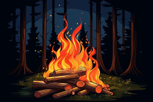 Vektorillustration eines brennenden lagerfeuers mit holz auf weißem hintergrund
