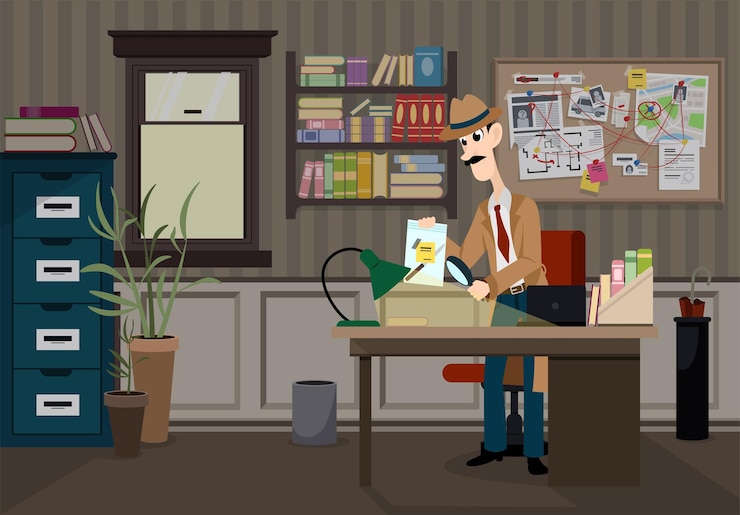 Vektor vektorillustration eines detektivs in einem polizeibüro detektiv karikaturfigur auf der suche nach beweisen ermittlerzimmer mit schreibtisch, kleiderschrank, bücherregal detektivbrett mit notizen und karte