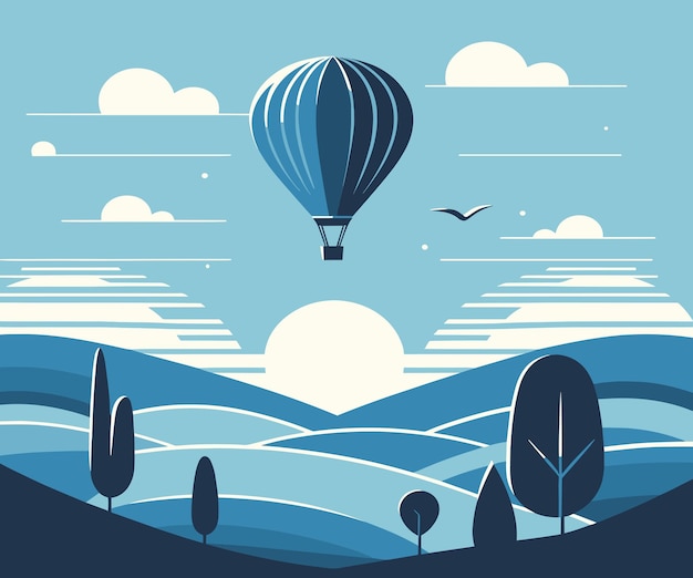 Vektorillustration eines heißluftballons, der anmutig über hügelige hügel fliegt