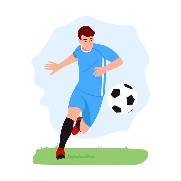 Vektorillustration eines hübschen Fußballspielers Cartoon-Szene eines geschickten Spielers, der auf einem Fußballfeld mit einem Ball läuft und ein blaues T-Shirt und Hosen und kniehohe Sneaker trägt