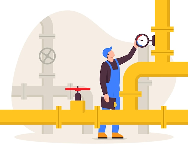 Vektorillustration eines Inspektors, der Gasrohre überprüft. Cartoon-Szene mit Inspektor, der einen Ordner hält und einen Timer für Druckgasrohre mit einem isolierten Wasserhahn auf weißem Hintergrund überprüft.