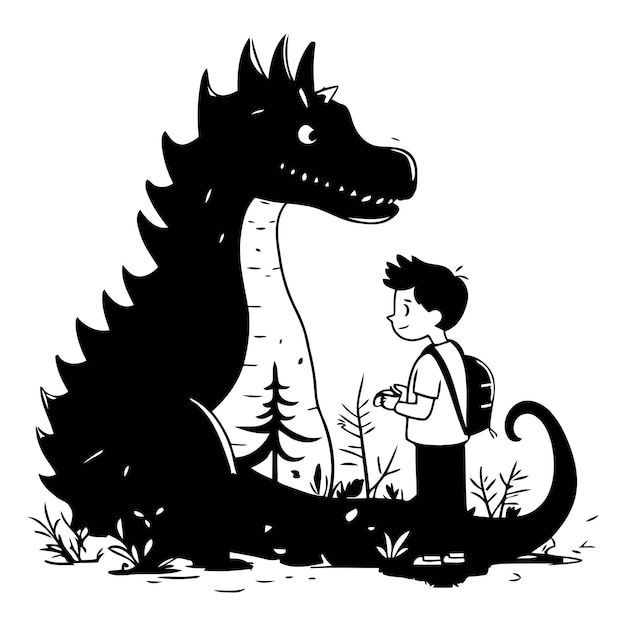 Vektor vektorillustration eines jungen mit rucksack und einem dinosaurier im park