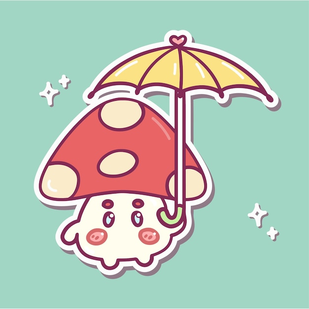 Vektor vektorillustration eines kawaii-pilzes im regen mit glitzern und regenschirm