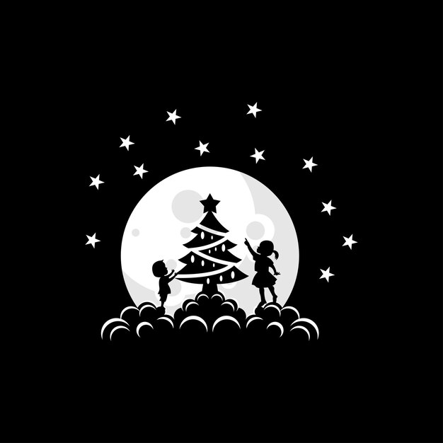 Vektorillustration eines kindes, das einen weihnachtsbaum auf dem mond schmückt