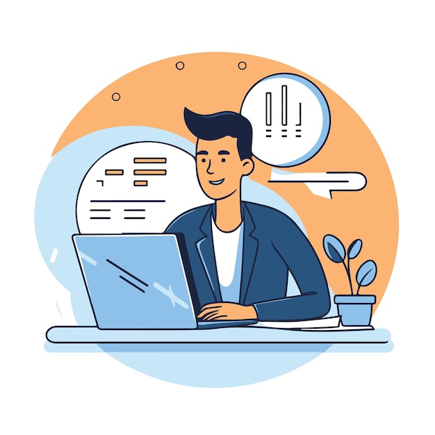 Vektorillustration eines Mannes, der an seinem Laptop arbeitet