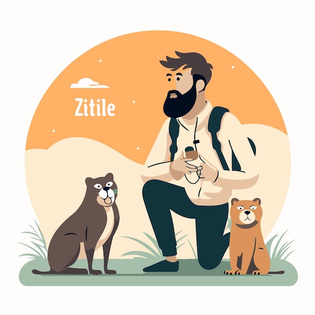 Vektor vektorillustration eines mannes mit einem hund im park im flachen stil