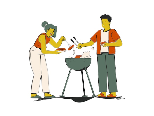 Vektor vektorillustration eines mannes und einer frau, die auf einem grill kochen