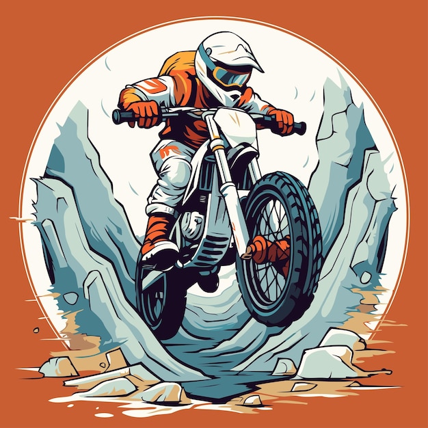 Vektor vektorillustration eines motorradfahrers, der auf einem mountainbike fährt