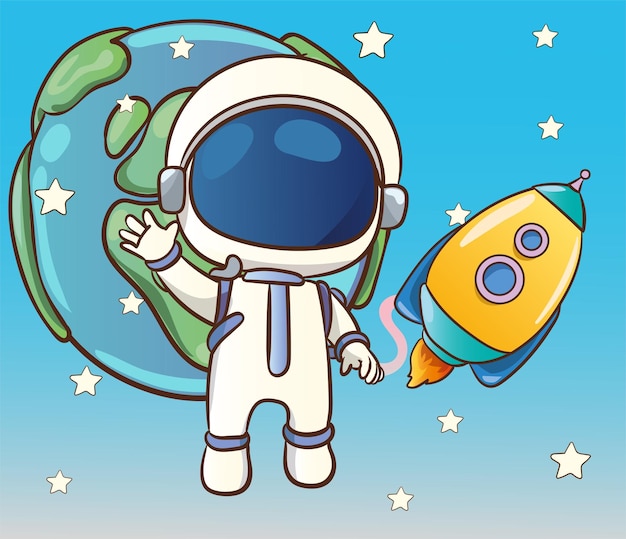Vektorillustration eines niedlichen Astronauten im Weltraum und Planeten und Sternen im Hintergrund