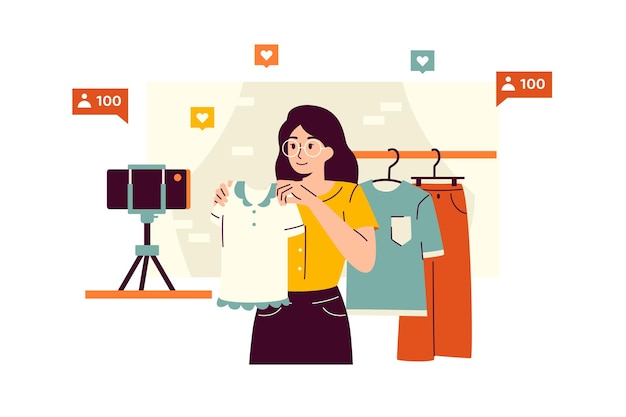 Vektorillustration eines Online-Influencer-Mädchens, das Styling-Tipps teilt, während es ein T-Shirt hält