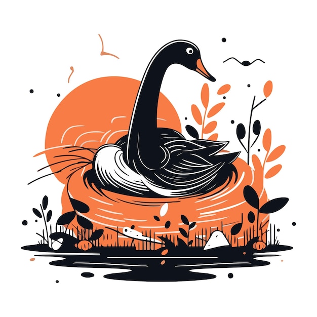 Vektor vektorillustration eines schwans, der in einem teich schwimmt schwarze und weiße farben