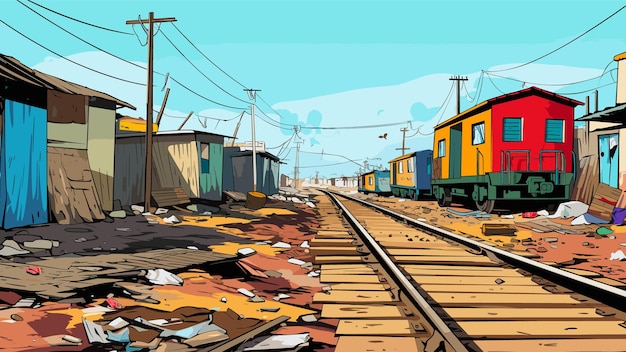 Vektor vektorillustration eines slumgebiets in der nähe von bahngleisen