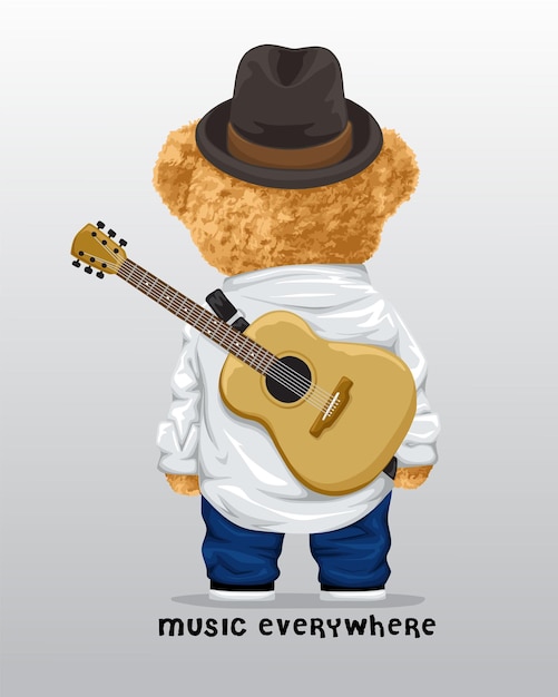 Vektorillustration eines Teddybären mit Akustikgitarre auf dem Rücken