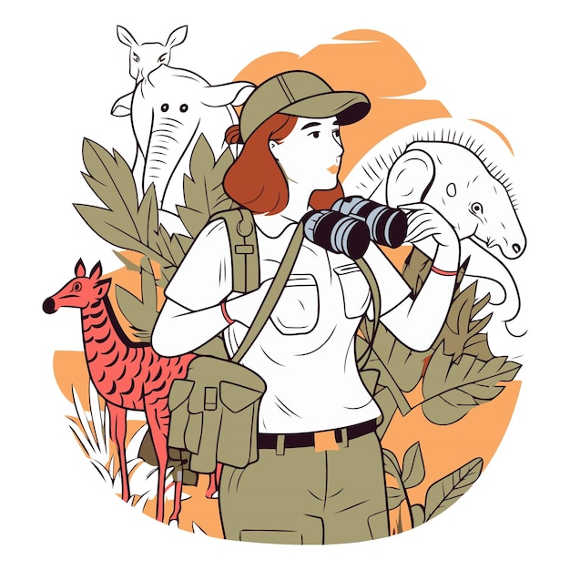 Vektor vektorillustration eines touristen mit einer kamera und einer giraffe