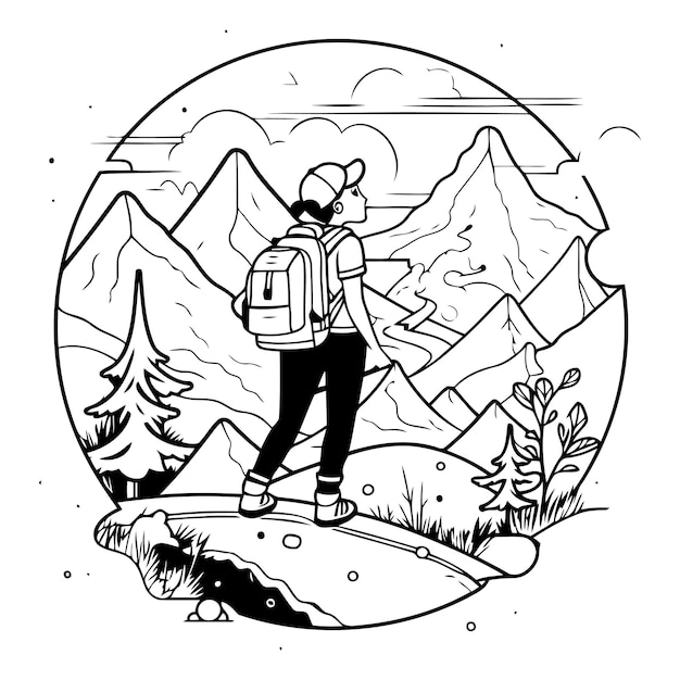 Vektor vektorillustration eines wanderers mit rucksack in den bergen