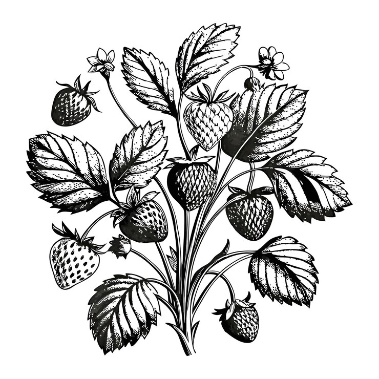 Vektor vektorillustration eines wilden erdbeerbüsches im gravurstil mit isolierter weißer hintergrund