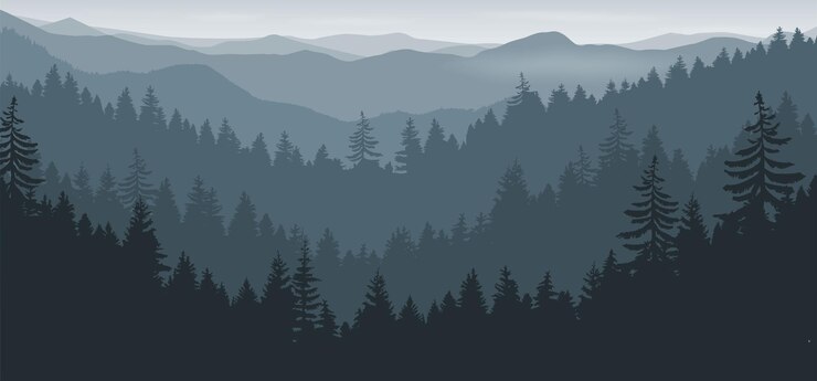 Vektor vektorillustration eines wunderschönen landschaftsgebirges und eines nebligen waldsonnenaufgangs und -untergangs