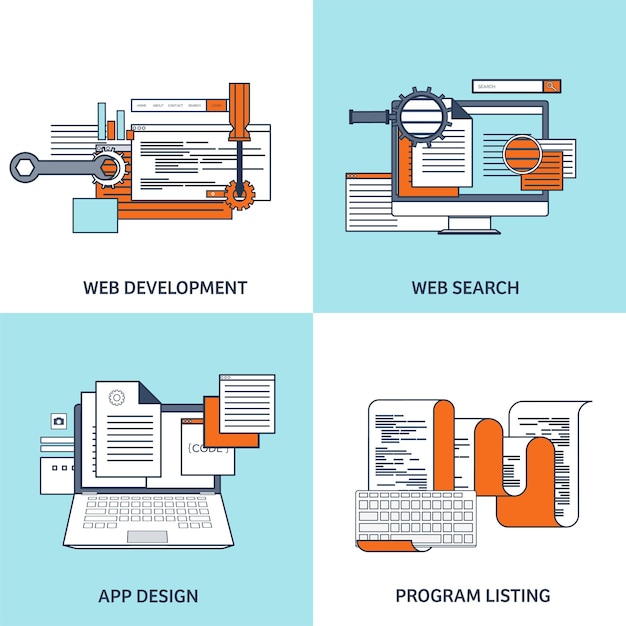 Vektorillustration flacher Hintergrund Codierung Programmierung SEO Suchmaschinenoptimierung App