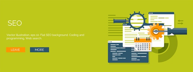 Vektorillustration flacher Hintergrund Codierung Programmierung SEO Suchmaschinenoptimierung App