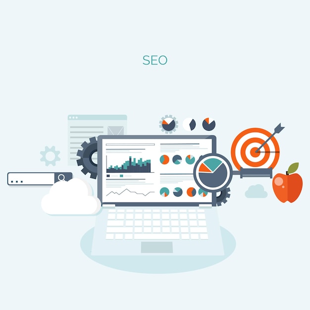 Vektorillustration, flacher Hintergrund, Codierung, Programmierung und SEO-Suchmaschinenoptimierung.