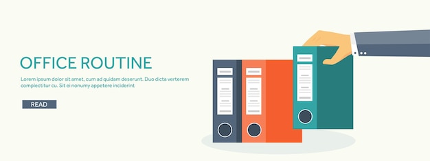 Vektorillustration flacher Hintergrund Papierarbeit Bürororoutine Dokumente Arbeitsbereich Hand mit Ordnern