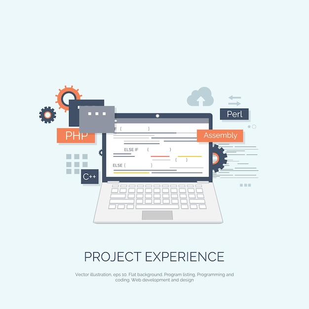 Vektorillustration, Flachrechnung, Hintergrundprogrammierung, Codierung, Webentwicklung und SEO-Suche