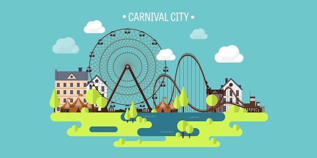 Vektorillustration frühling sommer riesenrad karneval funfair hintergrund zirkuspark wolkenkratzer