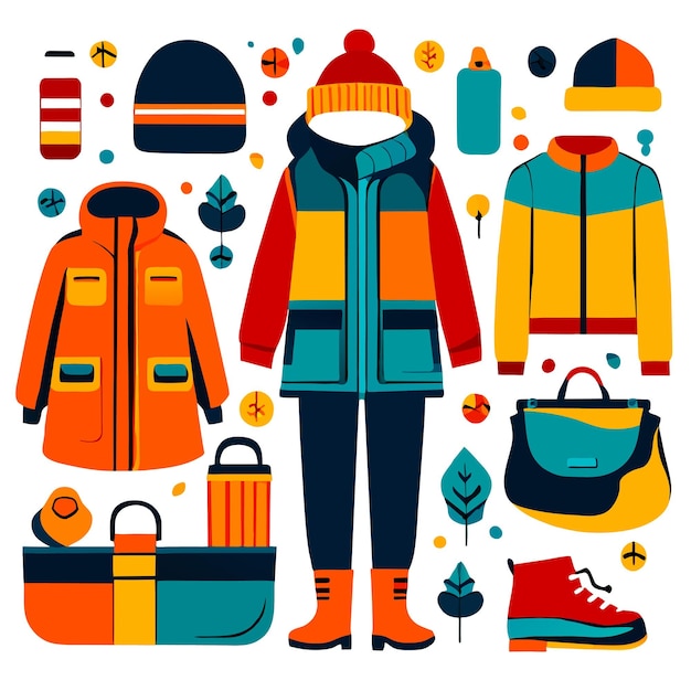 Vektor vektorillustration für die sammlung von winterkleidung und essentials