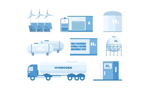 Vektor vektorillustration für wasserstoffproduktionsset cartoon-isolierte infografiken der grünen innovationstechnologie h2-elektrolyseanlage zur stromerzeugung und zum transport von wasserstoffspeichertanks