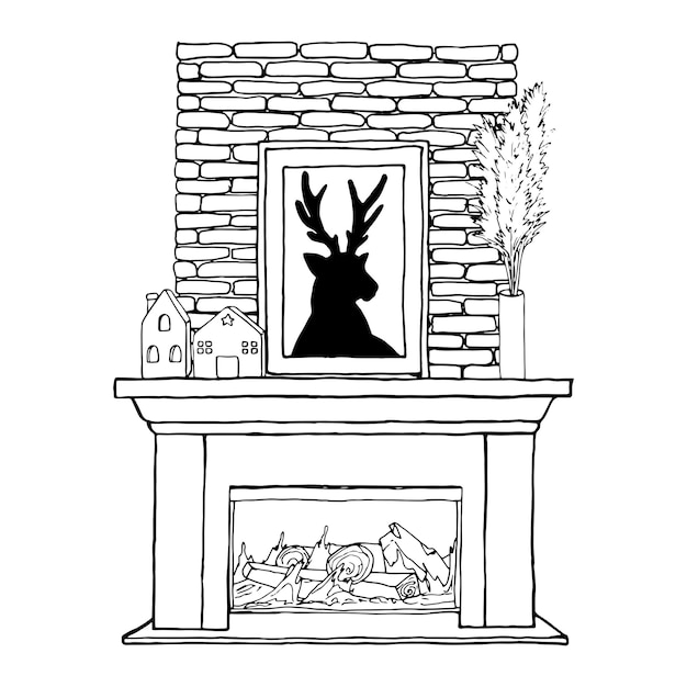 Vektor vektorillustration innenraum des wohnzimmers mit kamin malerei mit einem hirsch feuerholz keramik taschenlampe kerzenhause eine einfache linie handzeichnung schwarze kontur lineare silhouette