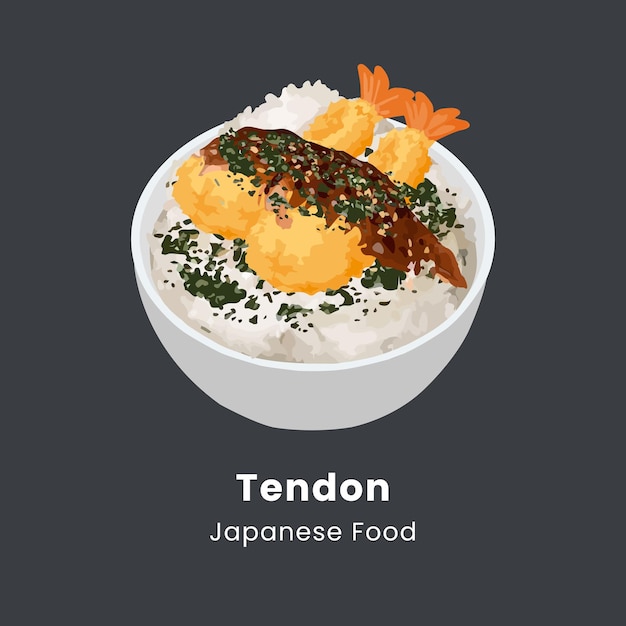 Vektorillustration japanische Garnelen Tempura auf Reis mit Soße oder Ten Don