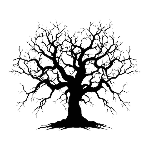 Vektorillustration Kahle Baumsilhouette ohne kahle Blätter, tot, kein gruseliges schwarzes Leben, handgezeichnet isoliert auf weißem Hintergrund
