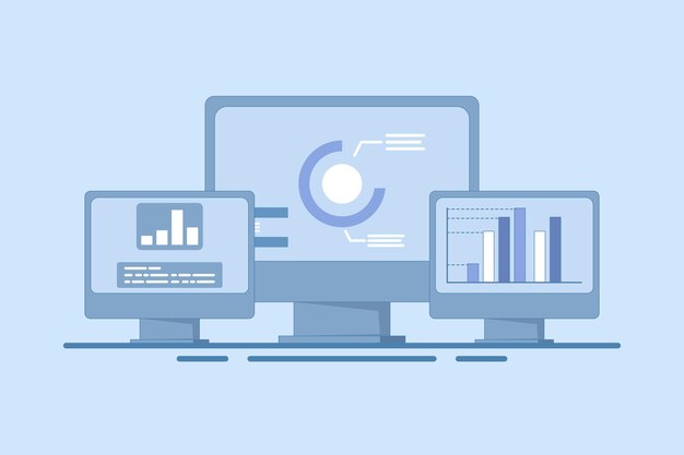 Vektorillustration Konzept der Big-Data-Analyse auf einem Computermonitor mit Forschungsanalyseinformationen