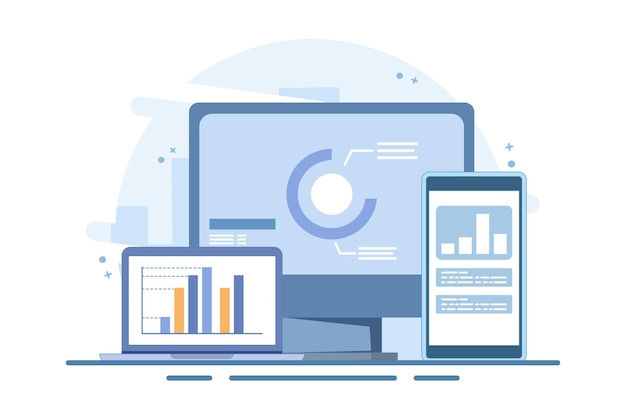 Vektorillustration Konzept der Big-Data-Analyse auf einem Computermonitor mit Forschungsanalyseinformationen