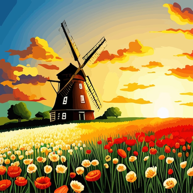 Vektor vektorillustration landschaft mit niederländischen tulpen und windmühlen für designplakate und grüße