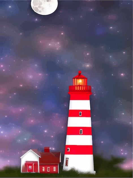 Vektorillustration-leuchtturm in der nacht, meeresleuchtturm auf dem seeweg mit bergen, mond und sternenklarer nacht