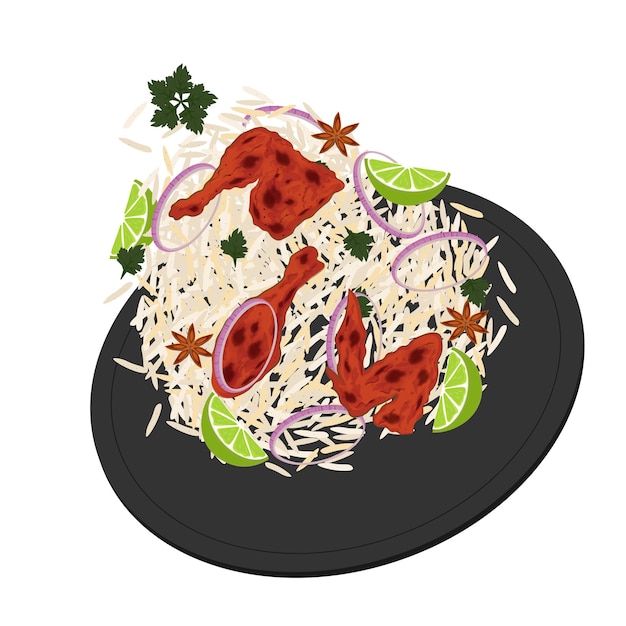 Vektorillustration Logo Levitation Basmati Reis mit Hühnchen Tandoori