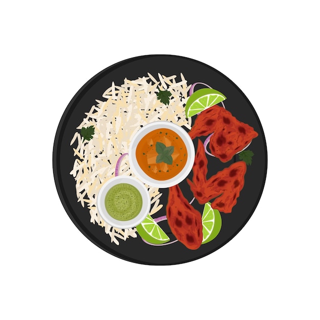 Vektorillustration Logo Top View Biryani Reis mit Hühner Tandoori