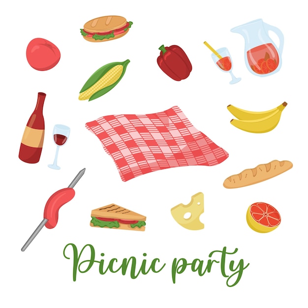 Vektorillustration mit einem satz von speisen und getränken für ein picknick farbkarte für eine barbecue-party