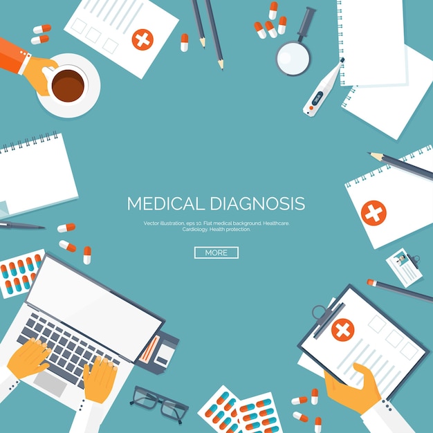 Vektor vektorillustration mit flachem medizinischen hintergrund erste hilfe diagnose medizinische forschung therapie