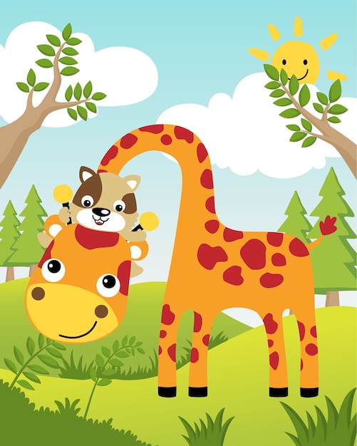 Vektorillustration mit giraffe und katze am sommer