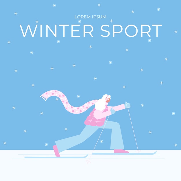 Vektorillustration mit weiblicher figur mit text wintersport flach aktive frau fährt ski
