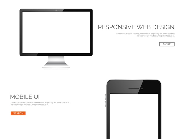 Vektorillustration realistischer Monitor Smartphone adaptive UI responsives Webdesign