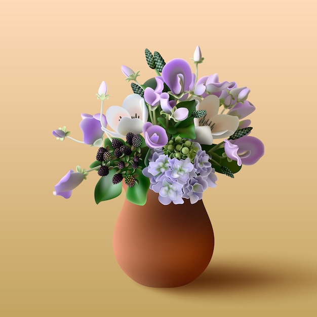Vektorillustration realistischer, zarter Frühlingsblumen, die in einer Vase in Form angeordnet sind